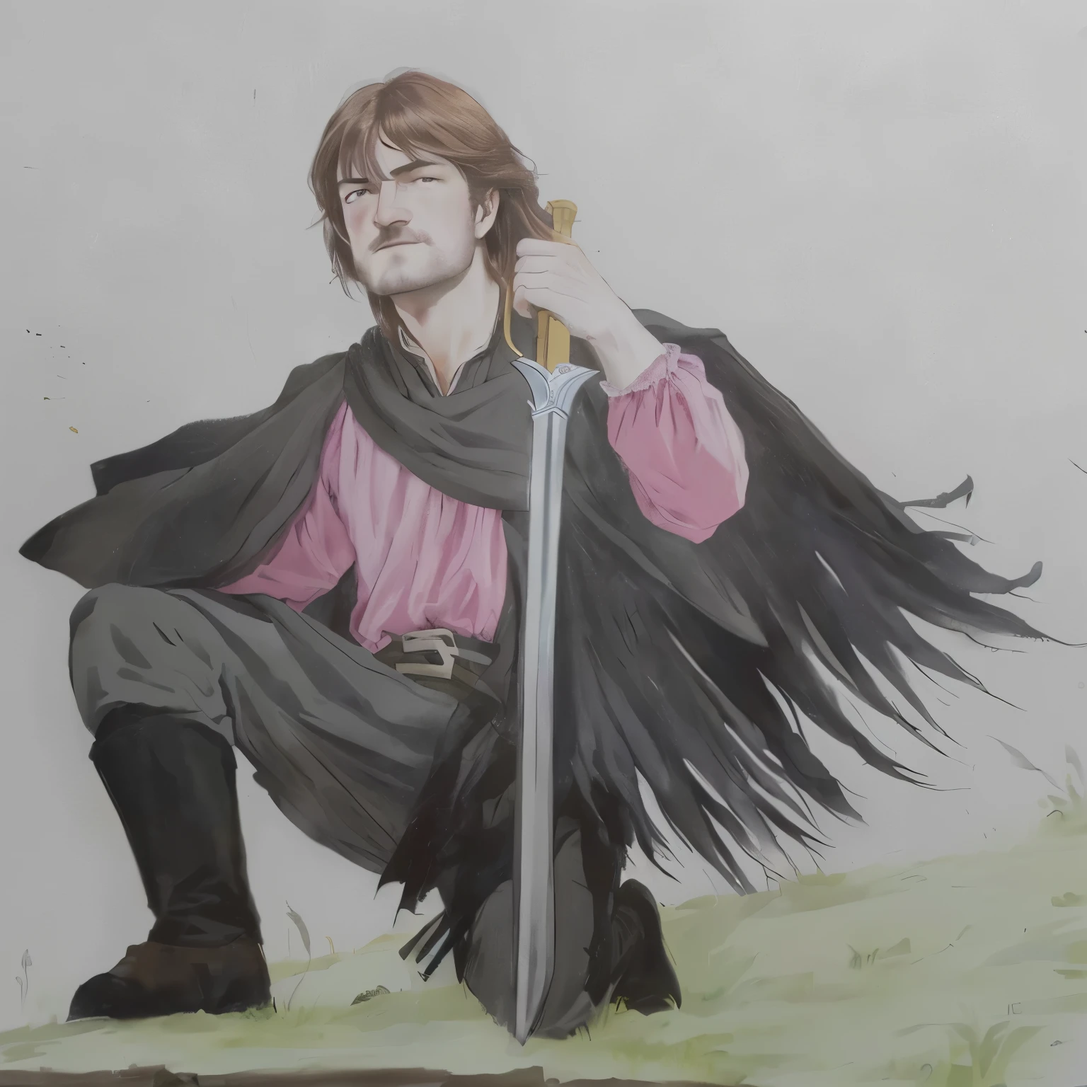pintura de um homem com uma espada e uma camisa rosa, como um personagem de fantasia medieval, inspirado em Robert Walker Macbeth, inspirado em Clovis Trouille, pintura de um cavaleiro, inspirado em Ambrosius Holbein, inspirado em Eleanor Fortescue-Brickdale, boromir em um 80\mundo dos animes, inspirado em Edmund Greacen