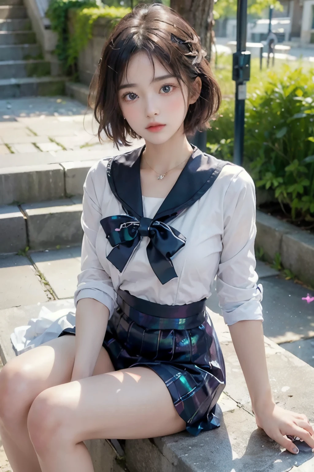 ((Highest quality, 8k, masterpiece :1.3)), 1 innocent girl:1.3, (short hair,Sailor suit,Beautiful breasts :1.2), Ultra mini skirt, Highly detailed face, Beautiful Eyes, double eyelid,whole body,Cute Face,(Sitting on stone steps),(Realistic Face),(Realistic Skin),Smart Body,Hips facing forward,half Japanese and half European,Sexy features,((iridescence))