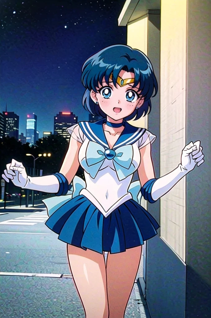 masterpiece, best quality, very aesthetic, absurdres, Sailor Saturn XL, 1990s \(style\), anime artwork, anime style, beautiful detailed eyes, BREAK 1girl, solo, teen, short hair, black hair, purple eyes, flat chest, skinny, sailor senshi uniform, purple sailor collar, tiara, earrings, jewelry, star choker, bowtie, back bow, star brooch, white elbow gloves, purple miniskirt, BREAK looking away, smile, blush, open mouth, cameltoe, pose, white leotard, (pantyshot:1.2), wind lift, outdoors, city, blue sky, wind, from below, dutch angle,