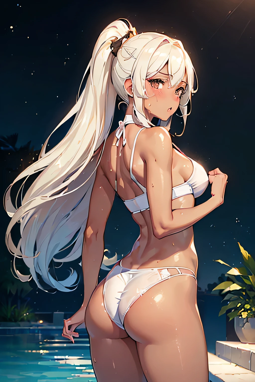 ((Perfect Anatomy:1.2,Realistic:1.3,RAW Photos:1.3,masterpiece、Highest quality、Ultra - High resolution、High resolution、Highly detailed CG、8k)),Cowboy Shot.                                                                                                 1 female,alone,young woman，((Platinum Blonde)),Long Hair,Small Head:1.3,(Wet Hair，Wet Face，Wet Skin),((anger:1.1)),((Brown Skin:1.5)),(Glowing Skin,Glowing Skin),((blush:1.4)),(White competitive swimsuit),(Showing viewers a white thong)，Beautiful ass，((Big Ass:1.4))，Exposed thighs，Beautiful thighs，75 degree angle from bottom.                                                                                             The background is a night pool，(night).