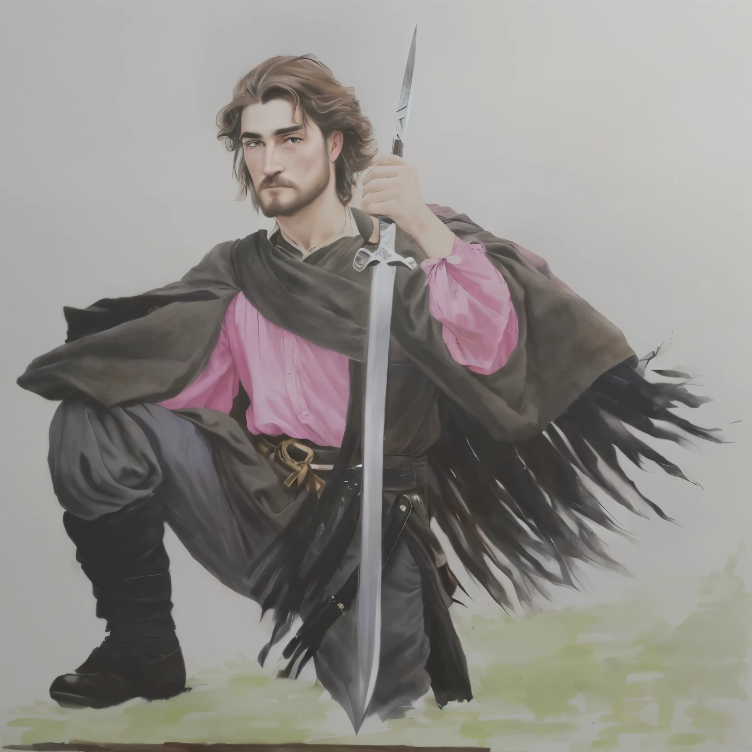 painting of a man with a sword and a pink shirt, as a native gaucho fantasy character, inspirado em Robert Walker Macbeth, inspired by Clovis Trouille, painting of a knight, inspired by Ambrosius Holbein, inspirado em Eleanor Fortescue-Brickdale, boromir in an 80\animes world, inspired by Edmund Greacen