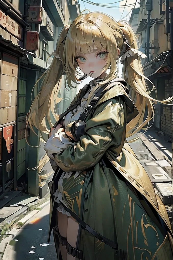 Masterpiece, best quality, high quality, ultra detailed, cowboy shot, 1girl, blunt bangs, hime cut, (((long twin-tails))), blond hair, green eyes, looking at viewer, creative background