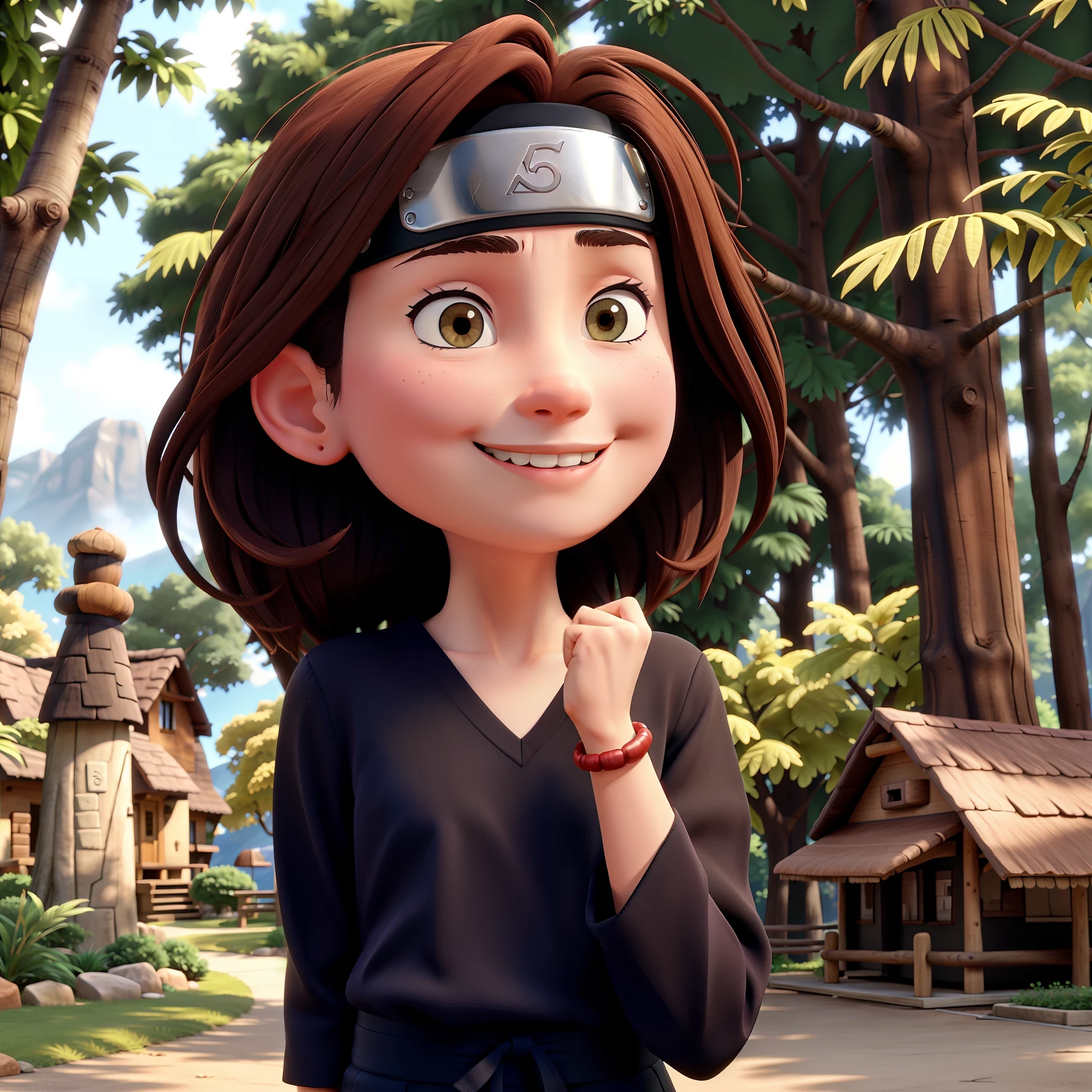 1girl, solo, brown hair, brown eyes, short hair, forehead protector, smile, (black shirt:1.1), facial mark, long sleeves, bracelet, konohagakure symbol, headband, collarbone, bike shorts, bangs, thighhighs, bandages,black thighhighs,outdoors,forest,day,cloud, looking at viewer, closed mouth, portrait,  lips,