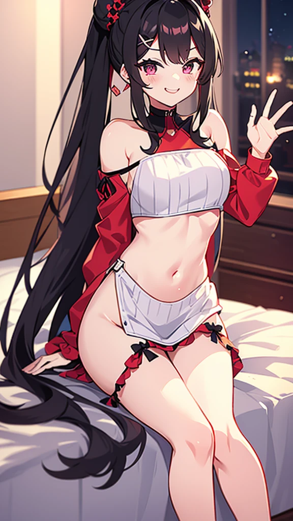 High tail hairstyle, Ponytail hairstyle, Long wavy black hair, standing posing, anime girl style, pixel art anime style,penetrating look with deep eyes,red and purple eyes, hair with a ponytail hairstyle trapped with a big red bun, women, red hair clips, x color shaped hair clips , smiling face blush, next to his bed, lingerie, tank top, Black hair, big thighs,minidress