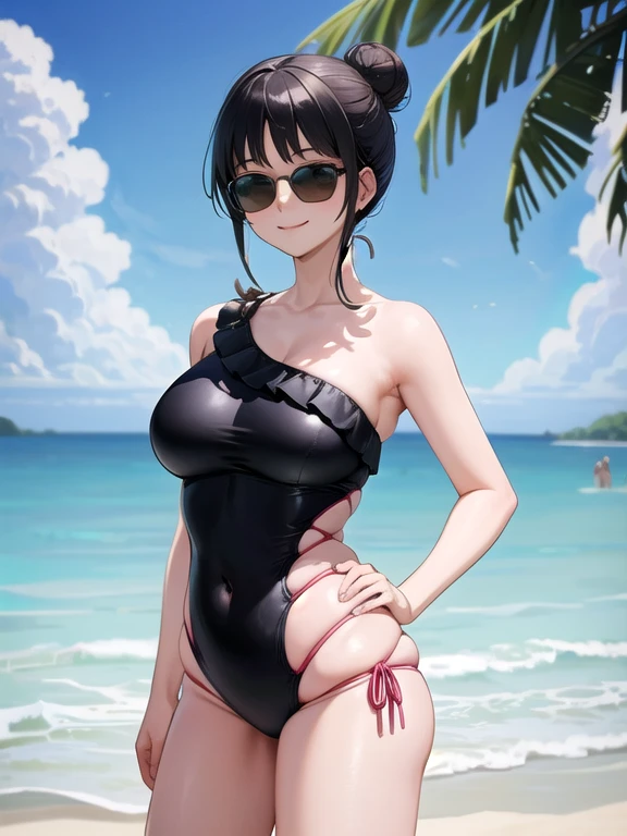 ((Highest quality)), ((masterpiece)), (detailed), Perfect Face, Perfect Arms, Perfect hands, Perfect Fingers, anime, Ultra-fine illustration, (One girl), cute, One Shoulder One Piece Swimsuit, Black hair bun, (Dark sunglasses), Large breasts, (Smile:1.2), Are standing, (Put your hands behind your back), Ocean, Beach, summer, noon, blue sky, Outdoor, Cowboy Shot,