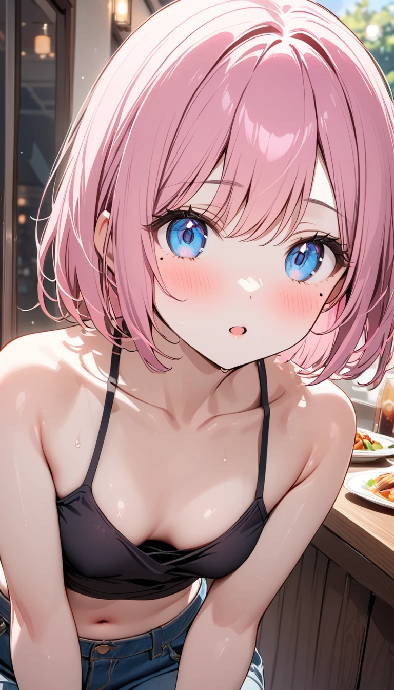 (1 girl),(Best Picture Quality, 8K, Masterpiece:1.3), (high school student:1.5), ((pink lob hair:1.1)), (bob cut),(swept bangs), (cute eyes, pupil black, iris skyblue, youthful face), (mole under right eye), (standard weight), (small breasts), (glistening skin:1.1),(pale skin:1.2),((Tank top)),(midriff peek),(restaurant),(from above),(leaning forward),