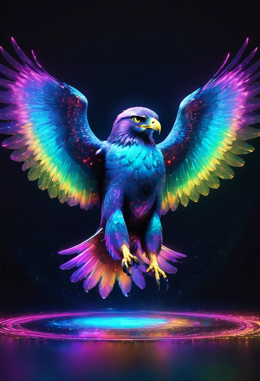 digital graphic CG art, huge hawk with a dignified face and wings spread, 2.5D, delicate and dynamic, iridescent neon effects, ascii_art, holographic