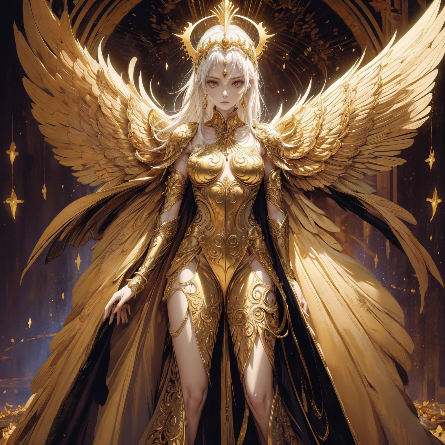 Art of Woman Wearing Sun Crown, Wearing a gorgeous golden breastplate that exposes a small amount of skin above the chest, Wearing a gorgeous golden dress, A pair of giant angel wings taller than the body spread out behind the woman., ancient goddess art, Sacredness. Very detailed, Mysterious inspiration, Inspiration from the Sun God, Religious inspiration, Cold and snobbish face, Dangerous expressions, White hair, Standing, Full body portrait, Gothic art style, Weird art style, Occult art