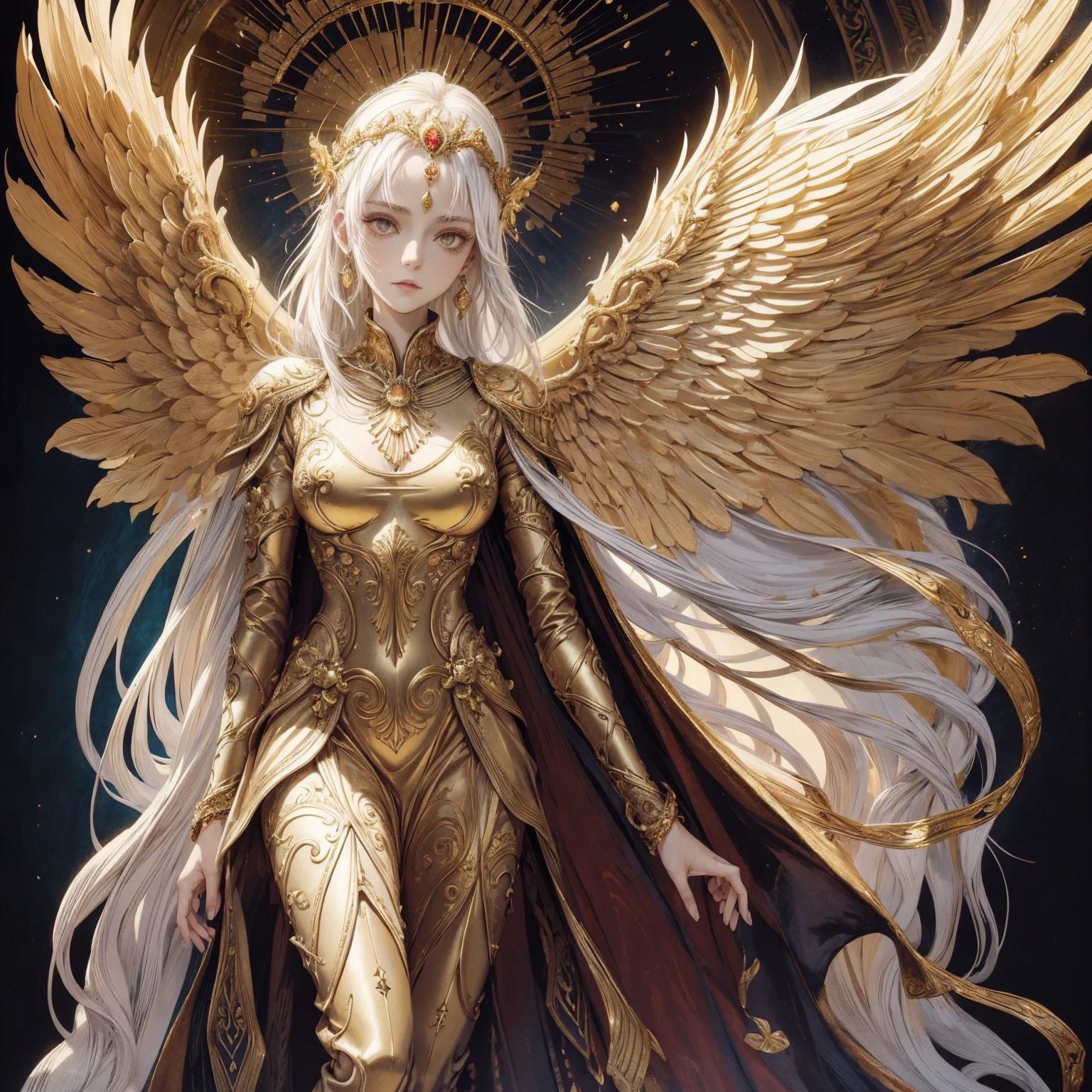 Art of Woman Wearing Sun Crown, Wearing a gorgeous golden breastplate that exposes a small amount of skin above the chest, Wearing a gorgeous golden dress, A pair of giant angel wings taller than the body spread out behind the woman., ancient goddess art, Sacredness. Very detailed, Mysterious inspiration, Inspiration from the Sun God, Religious inspiration, Cold and snobbish face, Dangerous expressions, White hair, Standing, Full body portrait, Gothic art style, Weird art style, Occult art