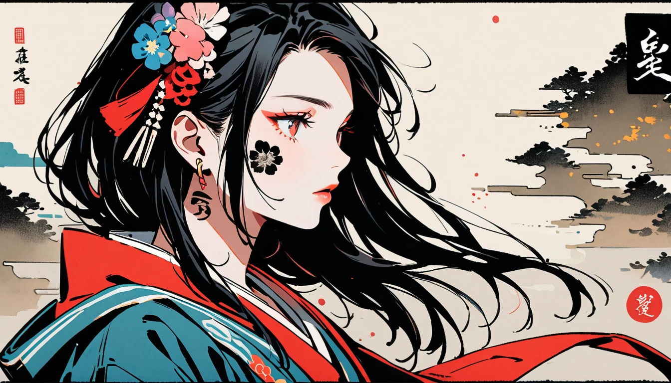 (((Ink Painting))), Fashion portrait color photos, (((1 girl))), (((Tattoo on face))), (((Gorgeous hair accessories))), Japanese style headphones, face close-up, Japan人の美少女, Black Hair, Delicate and precise, Modern ukiyo-e style,Japan, Japanese flag
