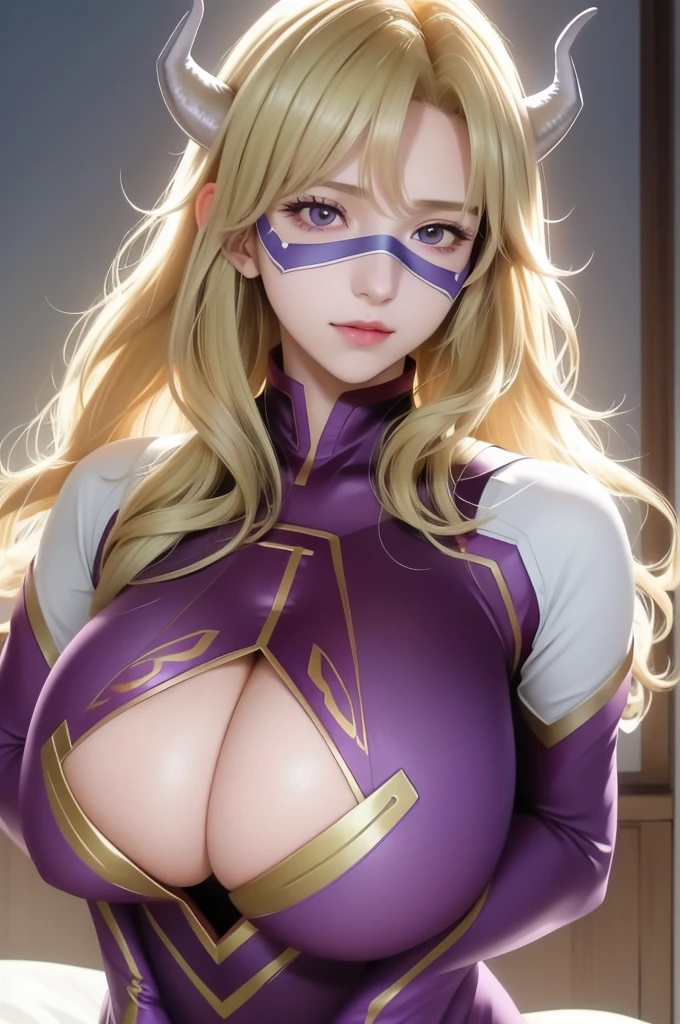 scan, (extremely detailed CG unity 8k wallpaper:1.1), (traditional media:0.9), (sketch:0.9), tracing, ultra-detailed, soft lighting, anime, (1girl), mtladymha, boku no hero academia, long hair, blonde hair, horns, domino mask, bodysuit, large breasts, purple eyes, very Big breasts, bursting breast, ultra huge breast, large breast