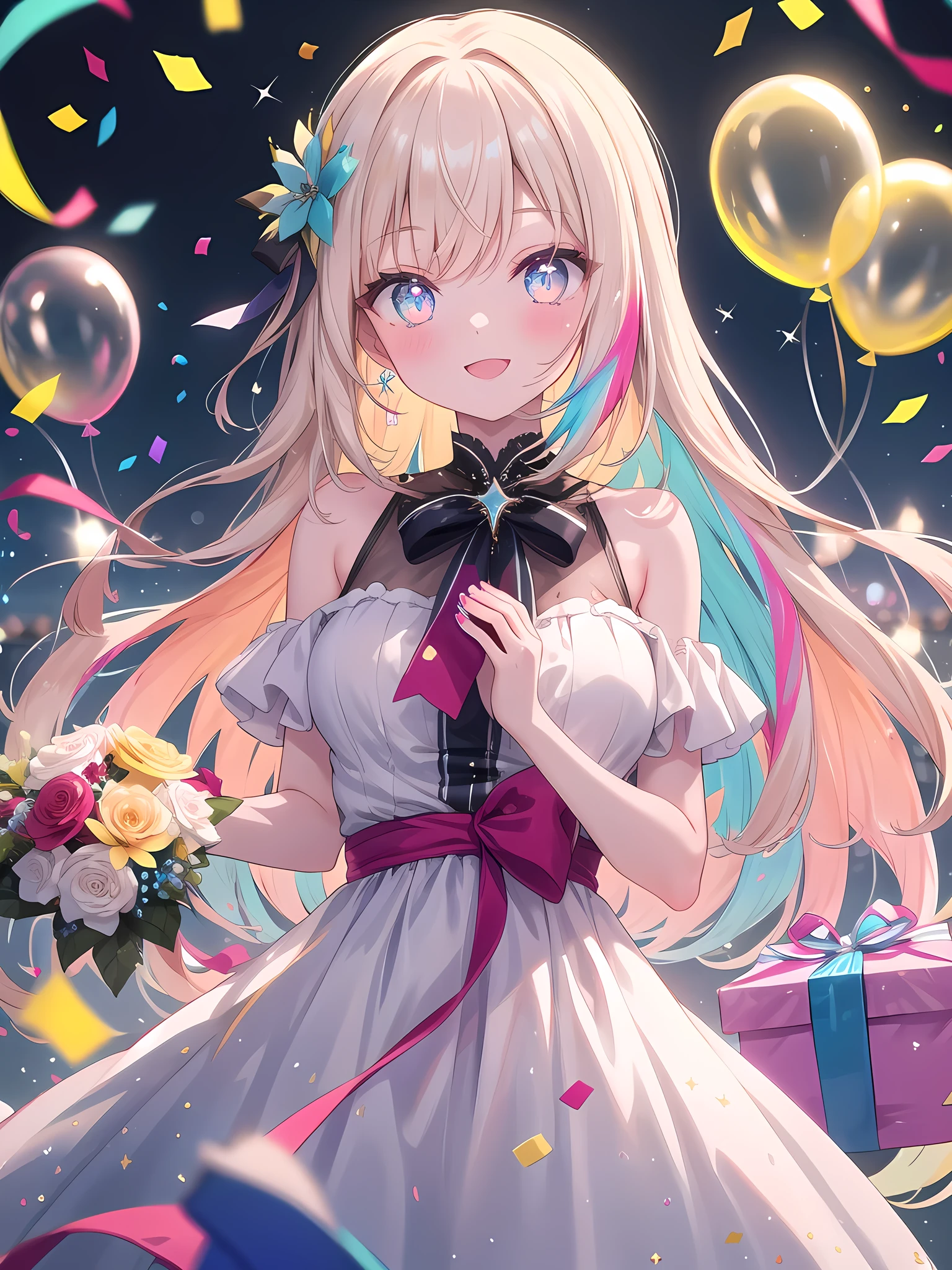 ((8k, best quality, master piece: 1.3)),super high resolution,(1 girl, solo), (colorshift eyes, hyperdetailed, expressive sparkling, glitter, glowing eyes), ultra detailed eyes, ultra-detailed face, random hair, ((pastel color)), Draw a -yeld gienjoying a birthday party. The girl is wearing a colorful dress and has a happy expression as she stands in front of a cake and presents. There are balloons and party decorations in the background, which add to the bright and festive atmosphere. Draw the image from a camera angle that shows the cake, the presents, and the girl. The girl is holding a large bouquet of pastel-colored flowers in both hands. The colors come from the colorful decorations at the party and the cake decorations. It is a joyous scene with colorful confetti raining down. The confetti sparkles and glitters in the light, adding a festive and festive mood to the image. The background has vibrant colors and dynamic movement, which enhances the overall lively atmosphere.A whimsical scene featuring a rainbow bokeh effect. The background is filled with out-of-focus points of light in various colors, creating a soft, dreamy atmosphere. The main subject is sharply in focus, standing out against the blurred, colorful backdrop. The light spots shimmer and change colors, adding a magical touch to the image.