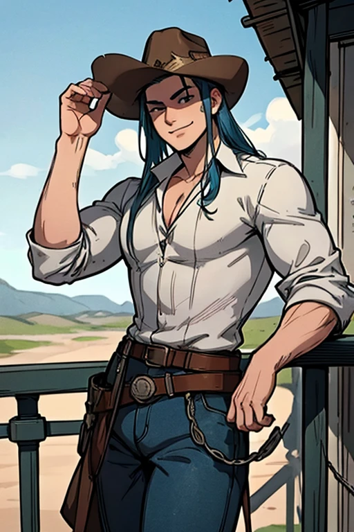Perfect face. Perfect Hands. A muscular blue haired cowboy with gray eyes with long hair in a sheriff's outfit is leaning on a railing with a big smile in the wild west