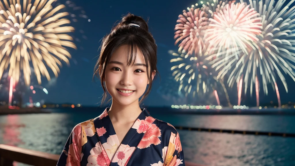 kawaii, (1girl), (happy smile:1.2), (yukata), Ponytail, (Best Quality:1.4), Realistic, extremely detailed CG unified 8k wallpaper, highly detailed, High-definition raw color photos, professional photography, Realistic portrait, Beautiful detailed, Close up portrait of girl, Outdoors, Beautiful scenery, beach, (The night sky, fireworks, beautiful fireworks spreading across the sky:1.4), so beautiful, upper body photos, amazingly beautiful sight, A wonderful, (Fine face:1.2),
