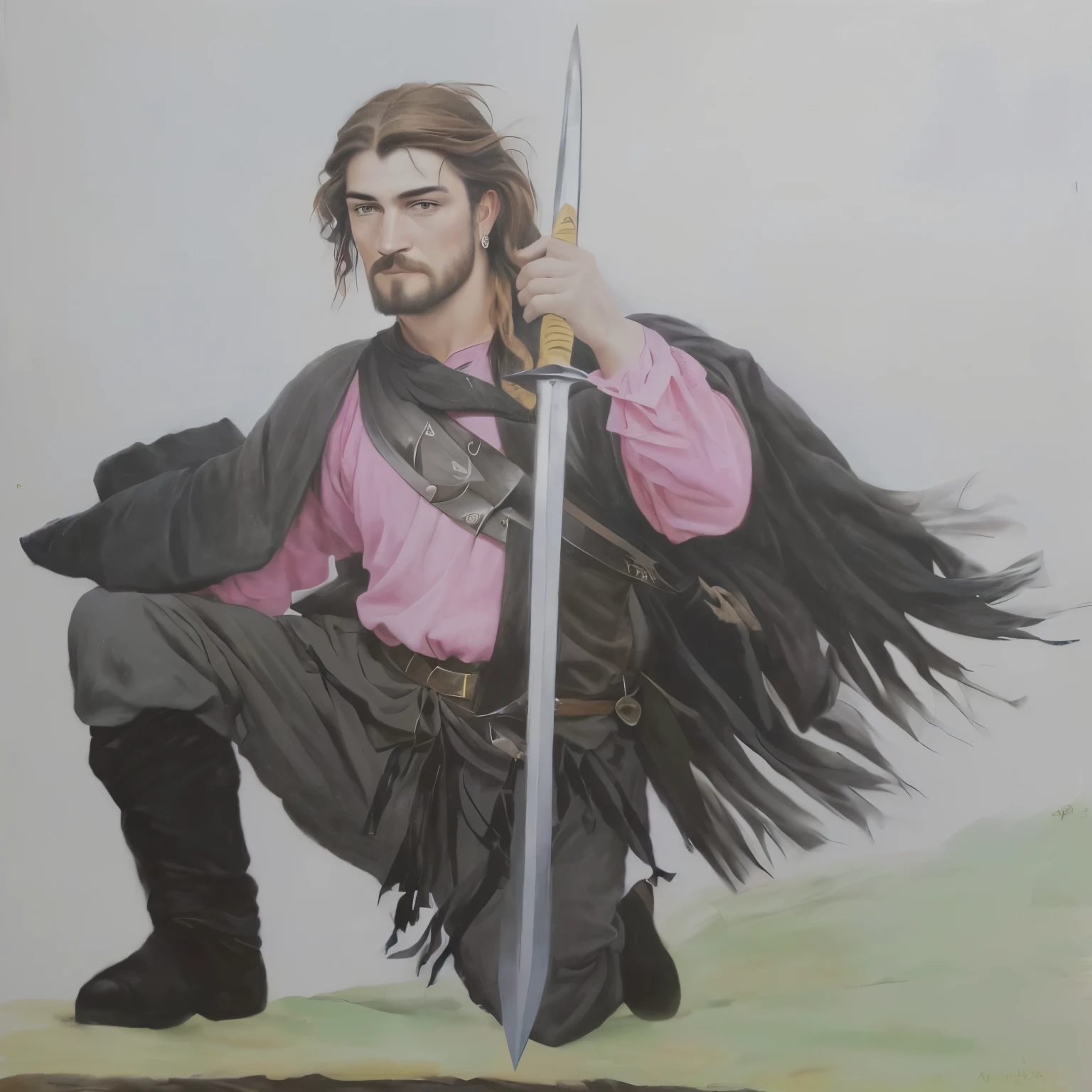 painting of a man with a sword and a pink shirt, as a native gaucho fantasy character, inspirado em Robert Walker Macbeth, inspired by Clovis Trouille, painting of a knight, inspired by Ambrosius Holbein, inspirado em Eleanor Fortescue-Brickdale, boromir in an 80\animes world, inspired by Edmund Greacen