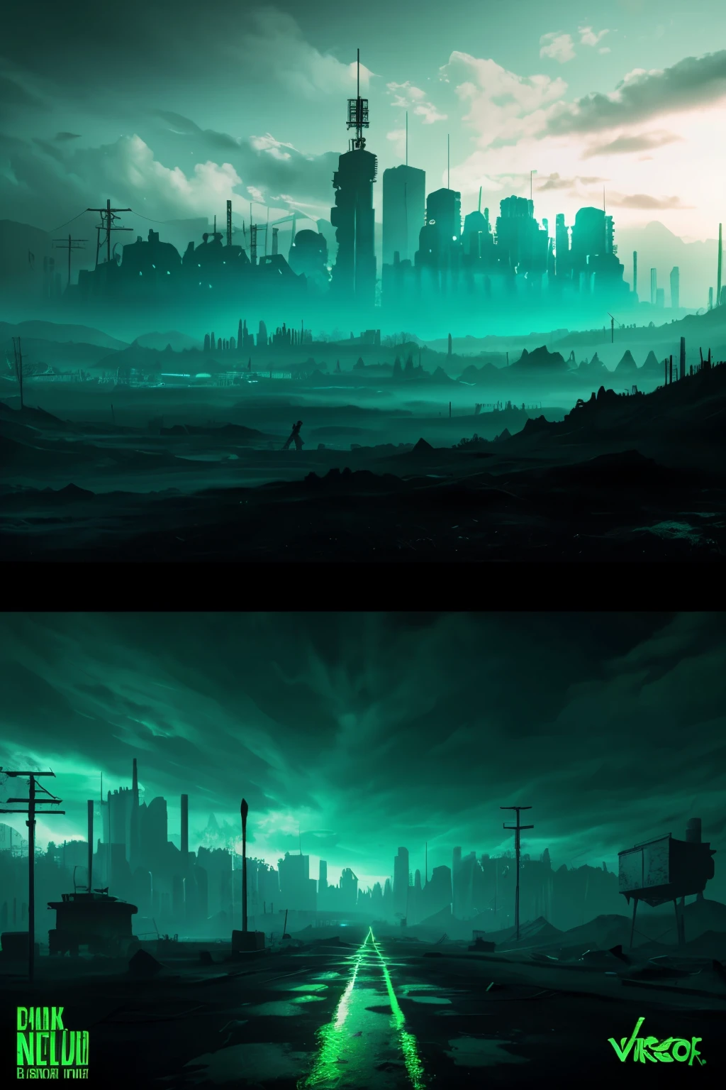 Background a post-apocalyptic world Use dark and bright tones to create a neon blue and green contrast for the virtual environment