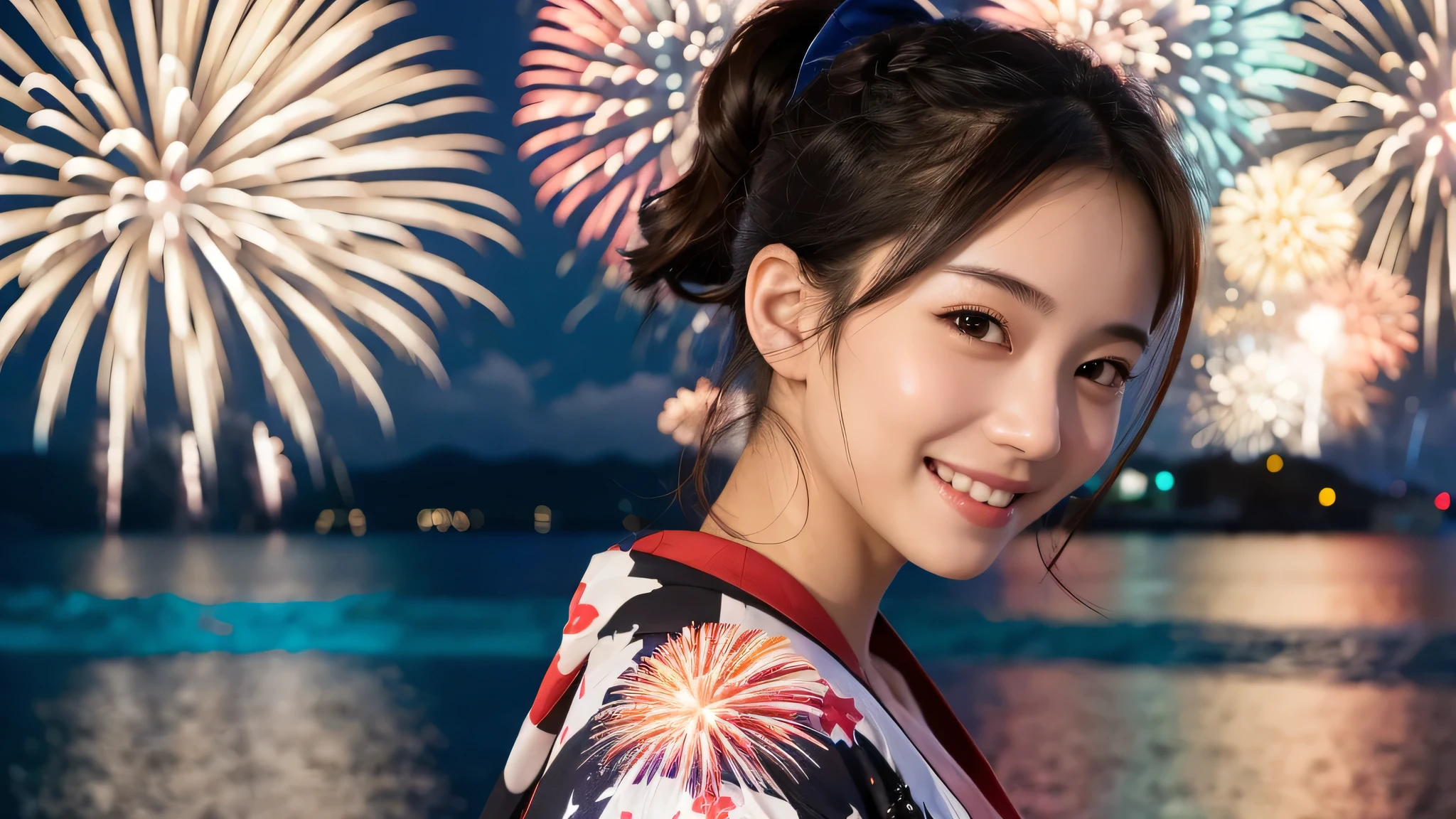 kawaii, (1girl), (happy smile:1.2), (yukata), (Best Quality:1.4), Realistic, extremely detailed CG unified 8k wallpaper, highly detailed, High-definition raw color photos, professional photography, Realistic portrait, Beautiful detailed, Close up portrait of girl, Outdoors, Beautiful scenery, beach, (The night sky, fireworks, beautiful fireworks spreading across the sky:1.4), so beautiful, upper body photos, amazingly beautiful sight, A wonderful, (Fine face:1.2),