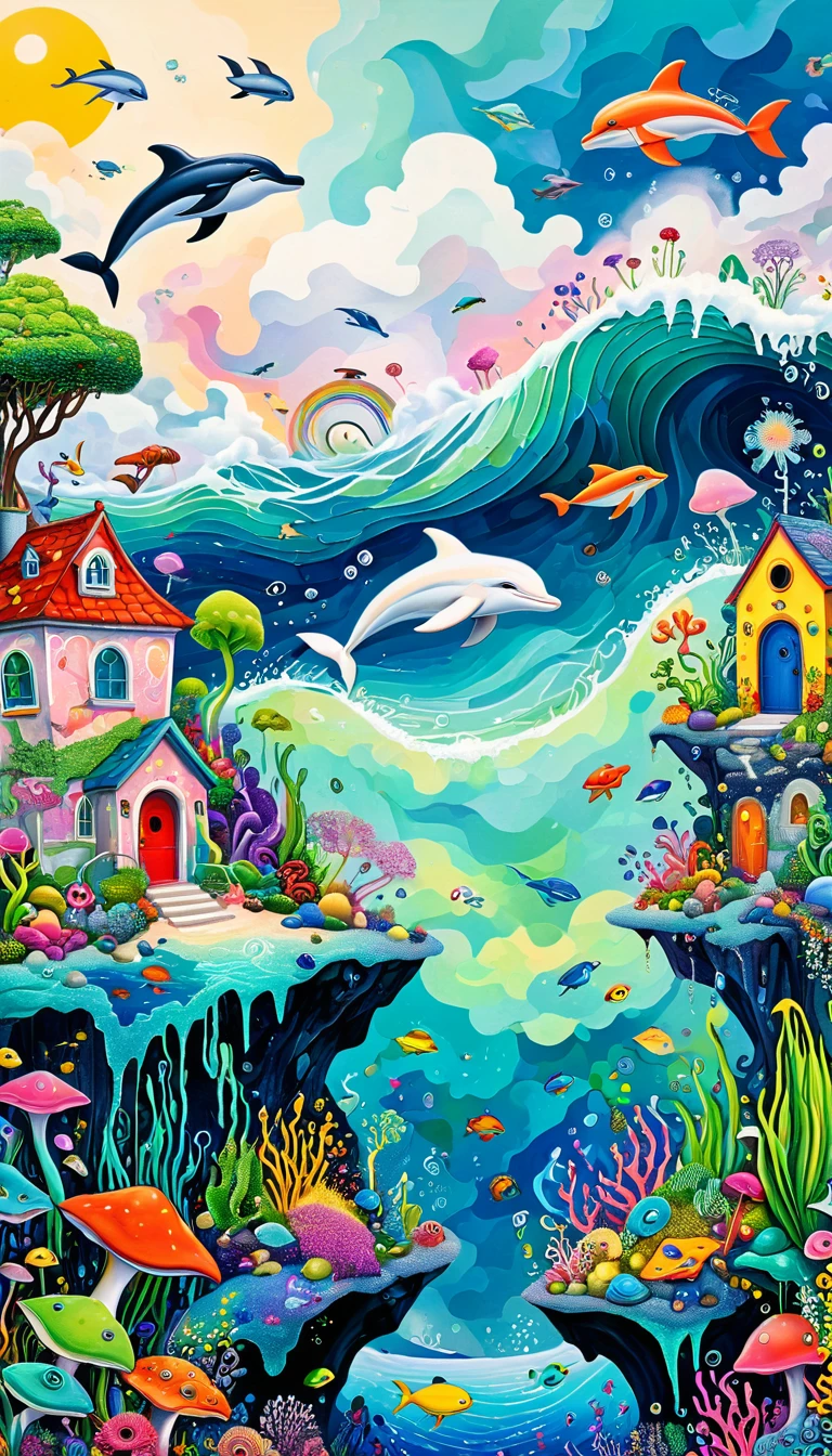 Children's graffiti,Thick coating,Bump texture,Oil pastel strokes:Peaceful seaside,House on the Rock,Flying white dolphins:1.37、White Cloud、Frog、Tentacles、bird、(((Eye)))、diatom,Abstract mosaic painting,Describing the inner world of autistic people,Large area of white,interesting,Innocence,Imagine,Psychedelic Art,
Colorful black。