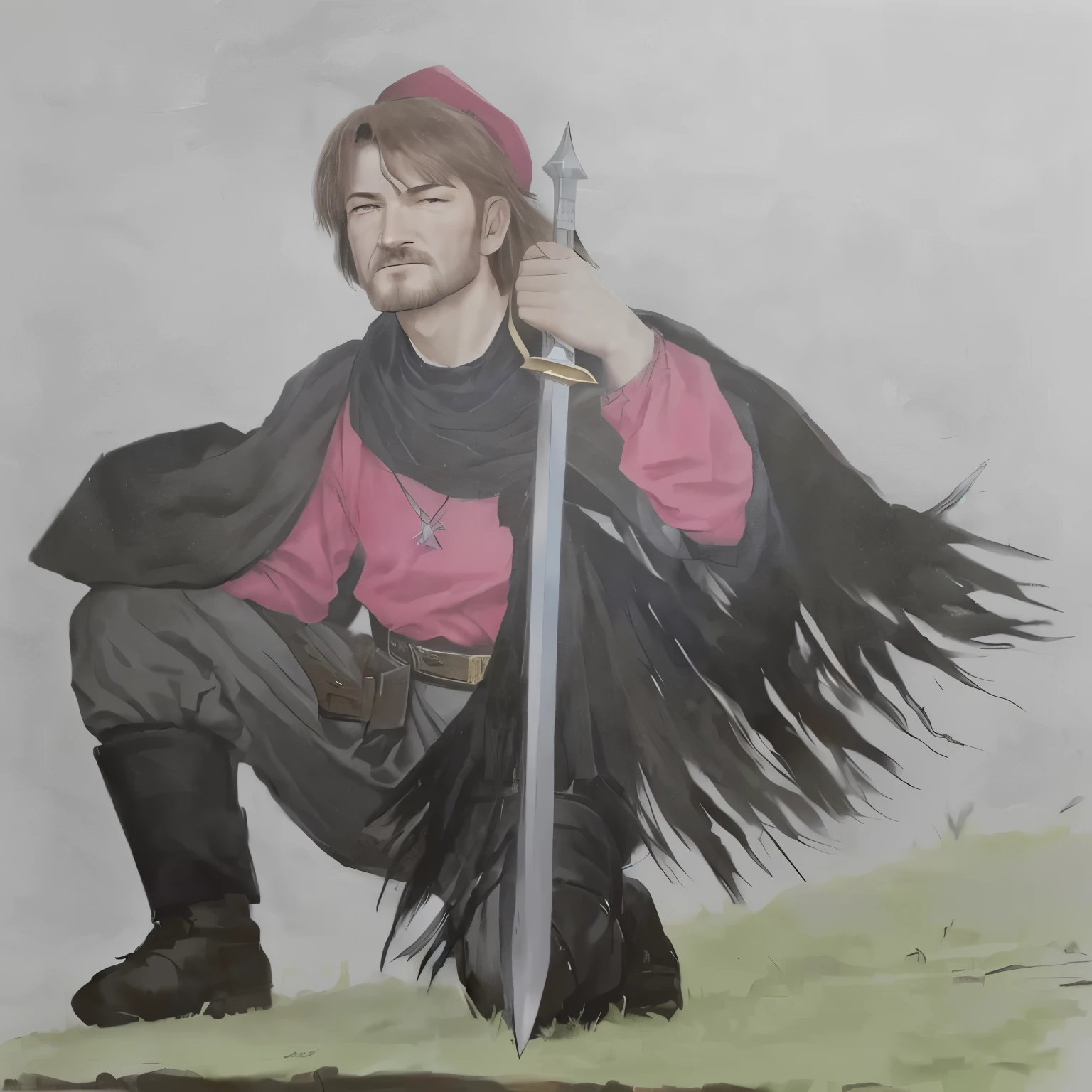 painting of a man with a sword and a red shirt, with a black hat in hand, on his knees, as a medieval fantasy character, inspirado em Robert Walker Macbeth, inspired by Clovis Trouille, painting of a knight, inspired by Ambrosius Holbein, inspirado em Eleanor Fortescue-Brickdale, boromir in an 80\animes world, inspired by Edmund Greacen