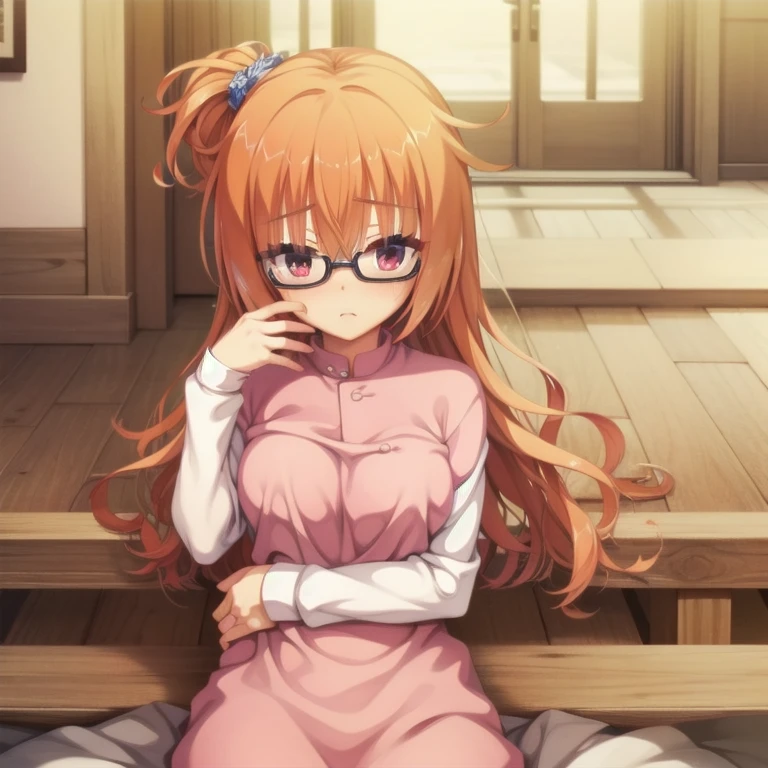 (Tabletop:1.0), (highest quality:1.4), (High resolution:1.2), From the side,Sharp contours,  boyish, highest quality, masterpiece,Glasses,Voice of the Heart,20-year-old woman,yandere,Big Breasts,Chest to chest,Lying face down,Upper Body,Ecstasy,blush,Squint your eyes,Tuck up your clothes,lure