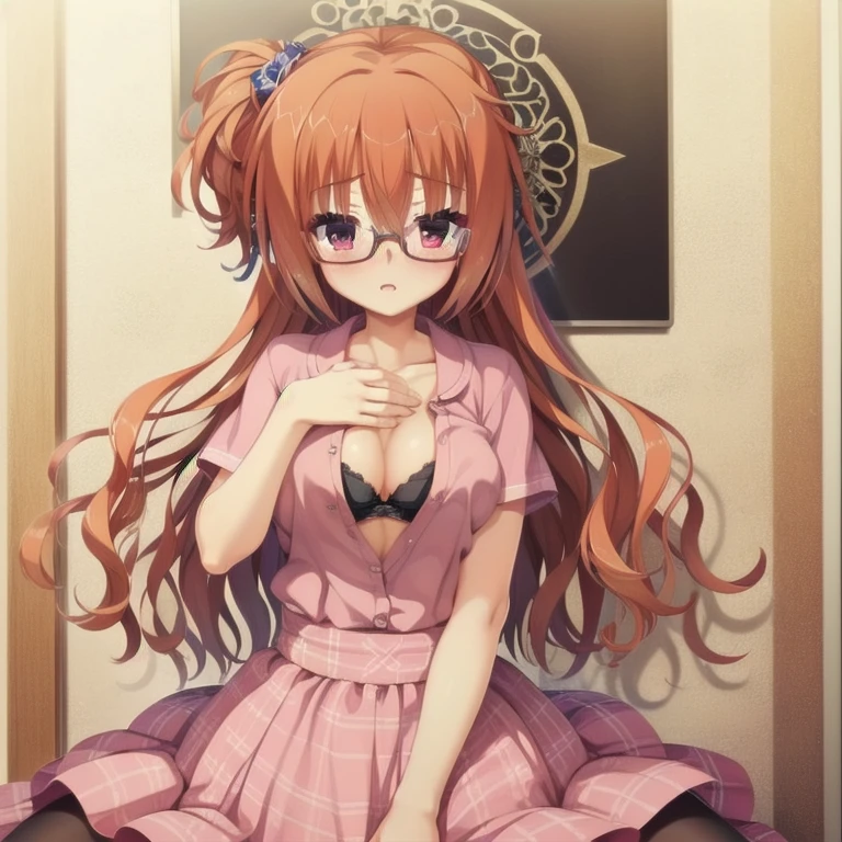 (Tabletop:1.0), (highest quality:1.4), (High resolution:1.2), From the side,Sharp contours, boyish, highest quality, masterpiece,Glasses,Voice of the Heart,20-year-old woman,yandere,Big Breasts,Chest to chest,Lying face down,Upper Body,Ecstasy,blush,Squint your eyes,Tuck up your clothes,lure