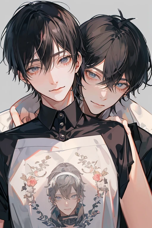 (Mastepiece), (Best Quality), Very detailed, ((Two men intimate:1.5)), Perfect Face, Beautiful Face, Very detailedな顔,(Upper body shot:1.3),(Black-haired man:1.3),(Grey-haired man:1.3)、T-Shirts、smile