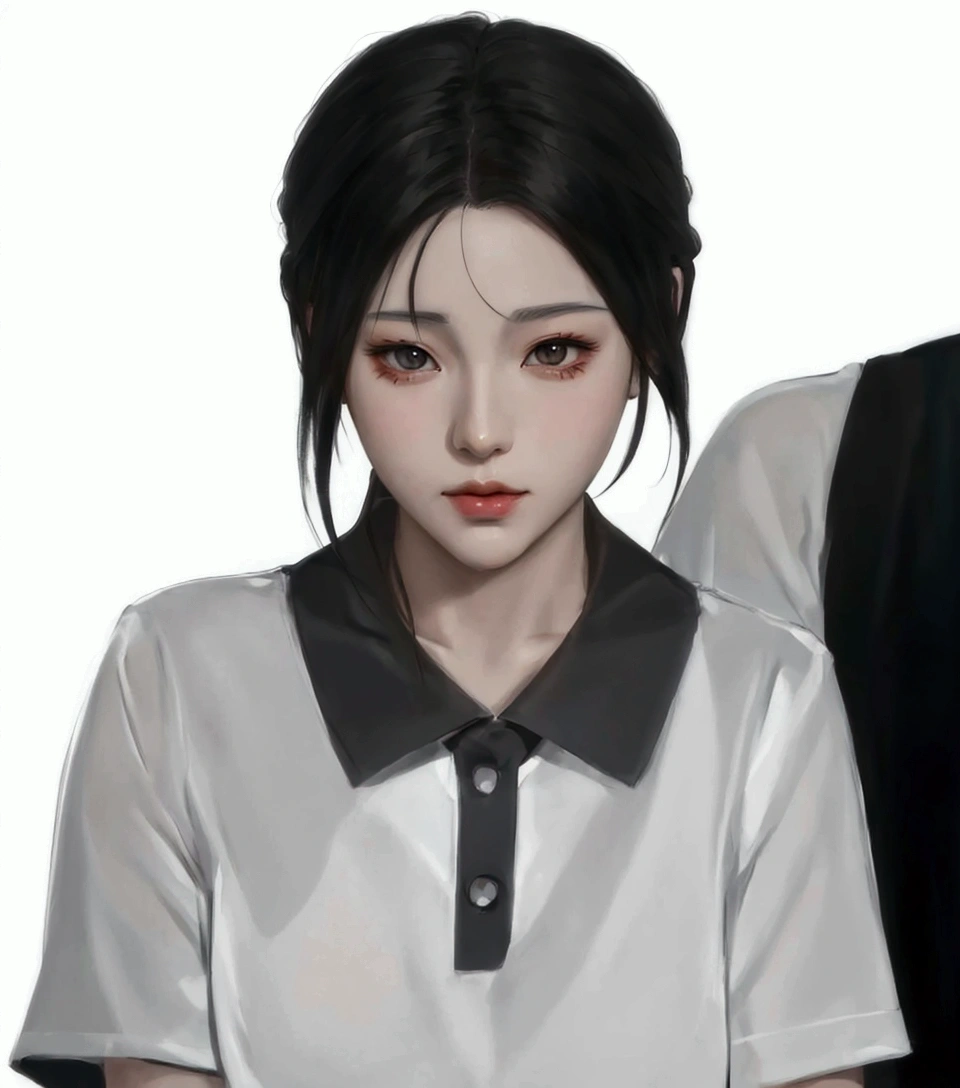 Anime girl with black hair and white shirt looking at camera, Realistic anime style, Made with Anime Painter Studio., Inspired by Sim Sa Jung, Artwork in the style of gouache, Drawing in Anime Painter Studio, Realistic art style, Inspired by Ma Yuanyu, Realistic art style, In the art form of the pond, Semi-realistic anime style