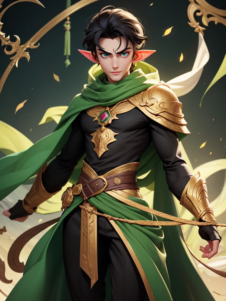 (best quality), 1boy, male, pale skin, black hair, medium hair, curtain hair, tousled hair, green eyes, perfect eyes, dark circles under eyes, tall, slender, handsome, strong jawline, lazy, light smile, attractive, (elf), pointed ears, fantasy clothes, masterpiece, anatomically correct, highres