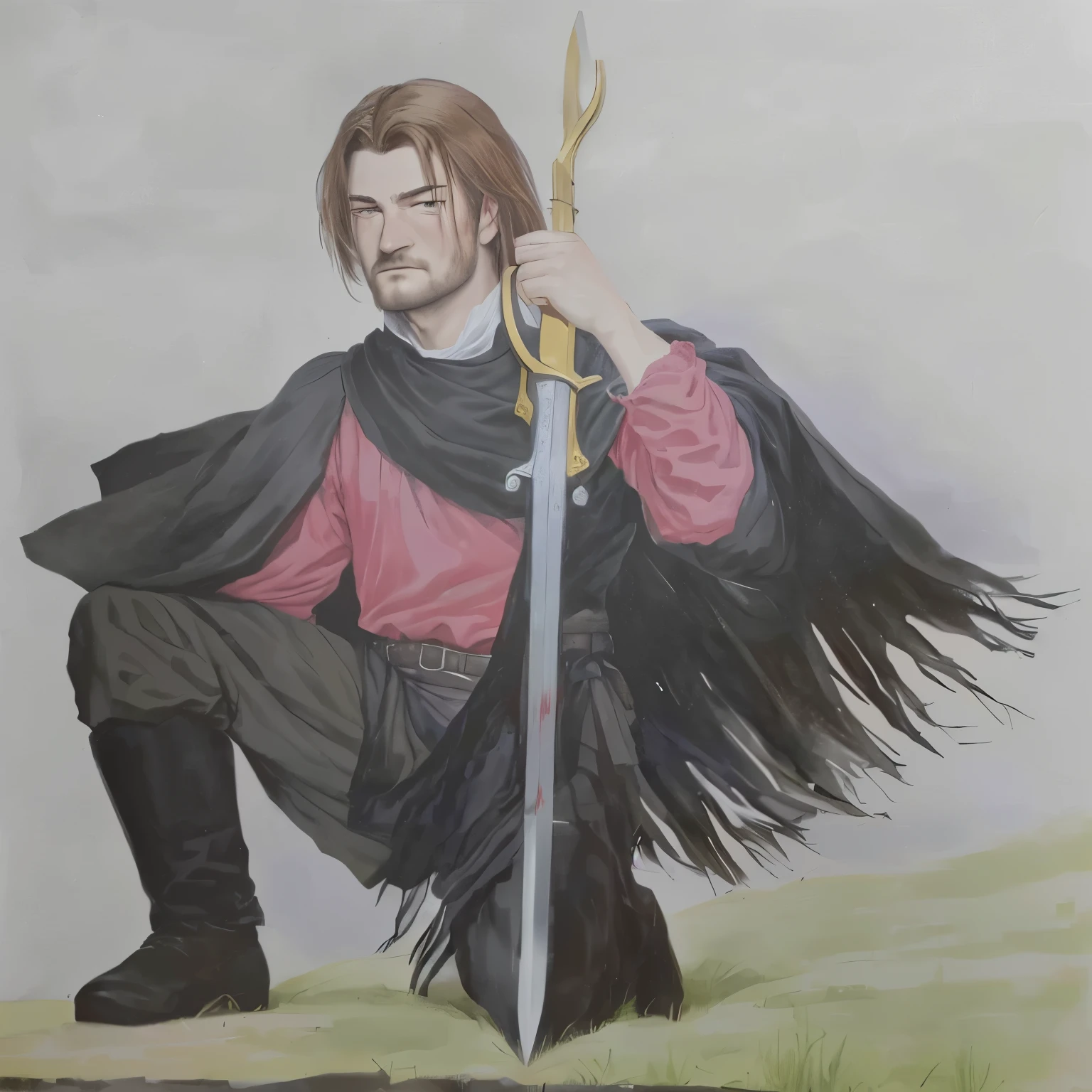painting of a man with a sword and a red shirt, with a black hat in hand, on his knees, as a medieval fantasy character, inspirado em Robert Walker Macbeth, inspired by Clovis Trouille, painting of a knight, inspired by Ambrosius Holbein, inspirado em Eleanor Fortescue-Brickdale, boromir in an 80\animes world, inspired by Edmund Greacen