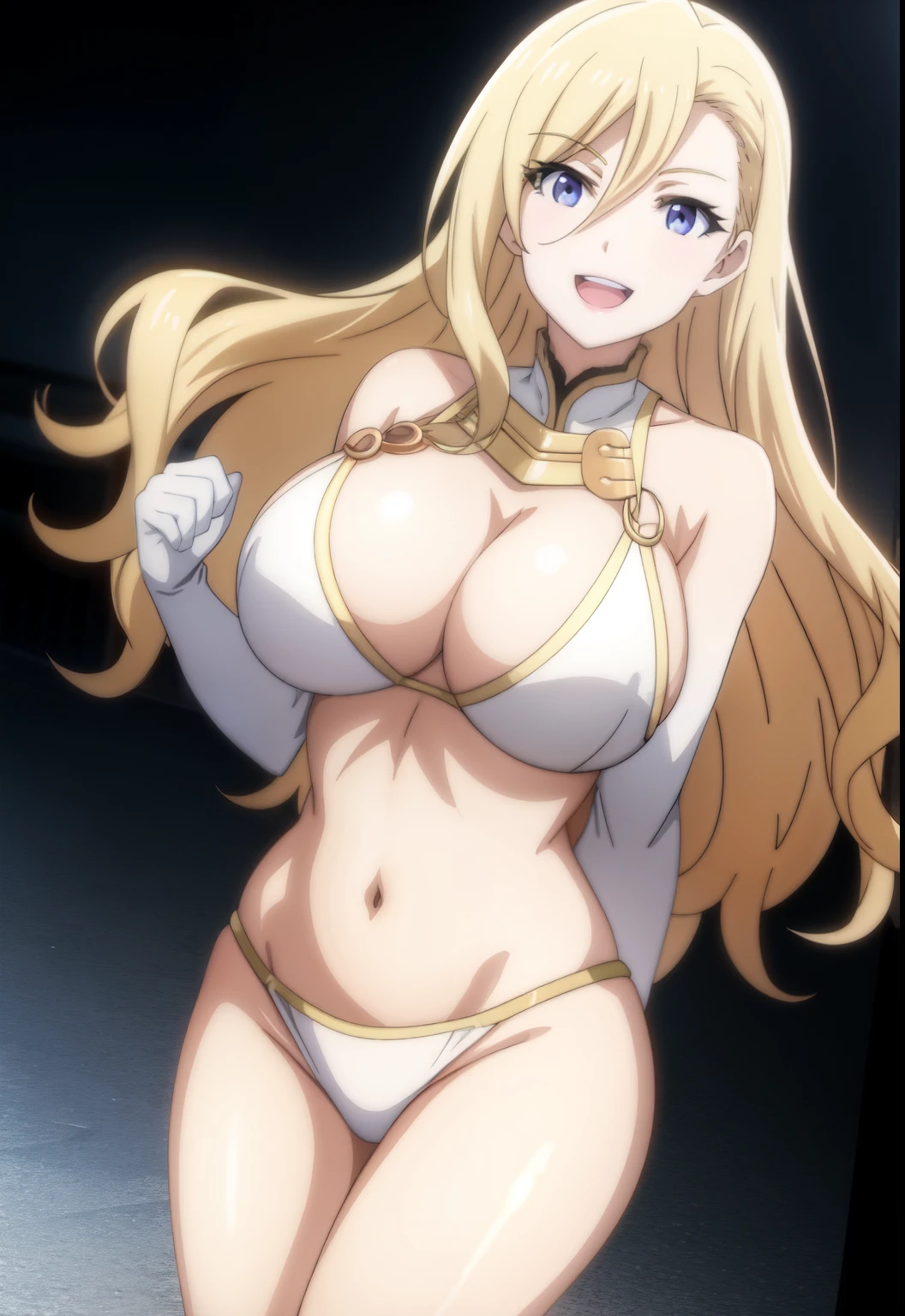 GoblinSlayer, FemaleKnight, solo, looking at viewer, smile, open mouth, teeth, blonde hair, yellow hair, Kong hair, blue eyes, (big breast), full body, perfect hands, ((skinny body)) , bikini, anime coloring, perfect body, ((clear shoulders)), perfect body