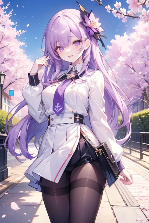 (masterpiece, top quality, best quality, official art, beautiful and aesthetic:1.2),(8k, best quality, masterpiece:1.2), (((masterpiece))),(((best quality))),(((extremely detailed))),illustration,who, (masterpiece, top quality, best quality, official art, beautiful and aesthetic:1.2),(8k, best quality, masterpiece:1.2), 1girl, One, girl, Honkai: star rail, Acheron, purple hair, long hair, shorts, one eye hidden behind hair, hair over one eye, purple eyes,  white shirt, sweater, pleated skirt, pantyhose, light smile, double v, looking at viewer, smile, open mouth, outdoors, street, cherry blossoms, petals, depth of field