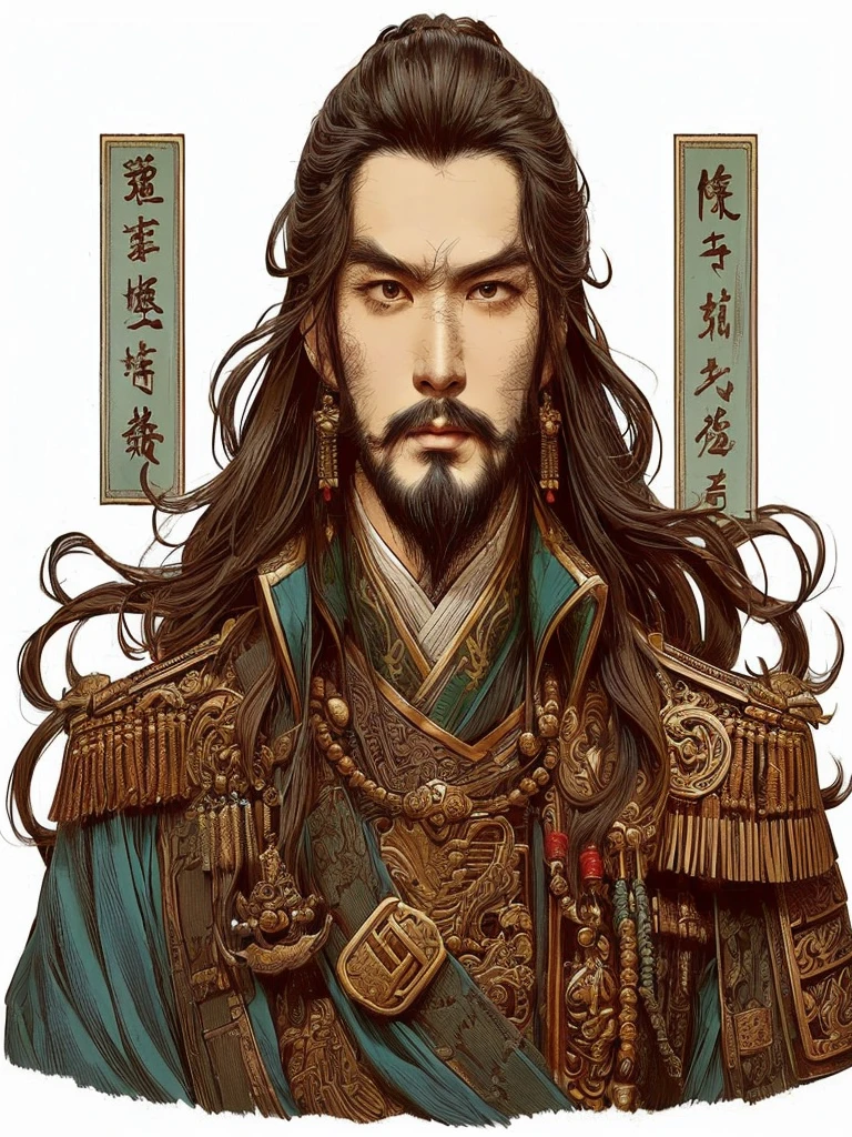 Painting of a man with long hair and a beard, Guan Yu, Bianlian, Inspired by Wu Daozi, Inspired by Woo Bin, Inspired by Lee Kang, Inspired by Cao Zhibai, Inspired by Hu Zaobin, China's Three Kingdoms, Inspired by Michio Seki, g lillian art style, Written by Emperor Xuande