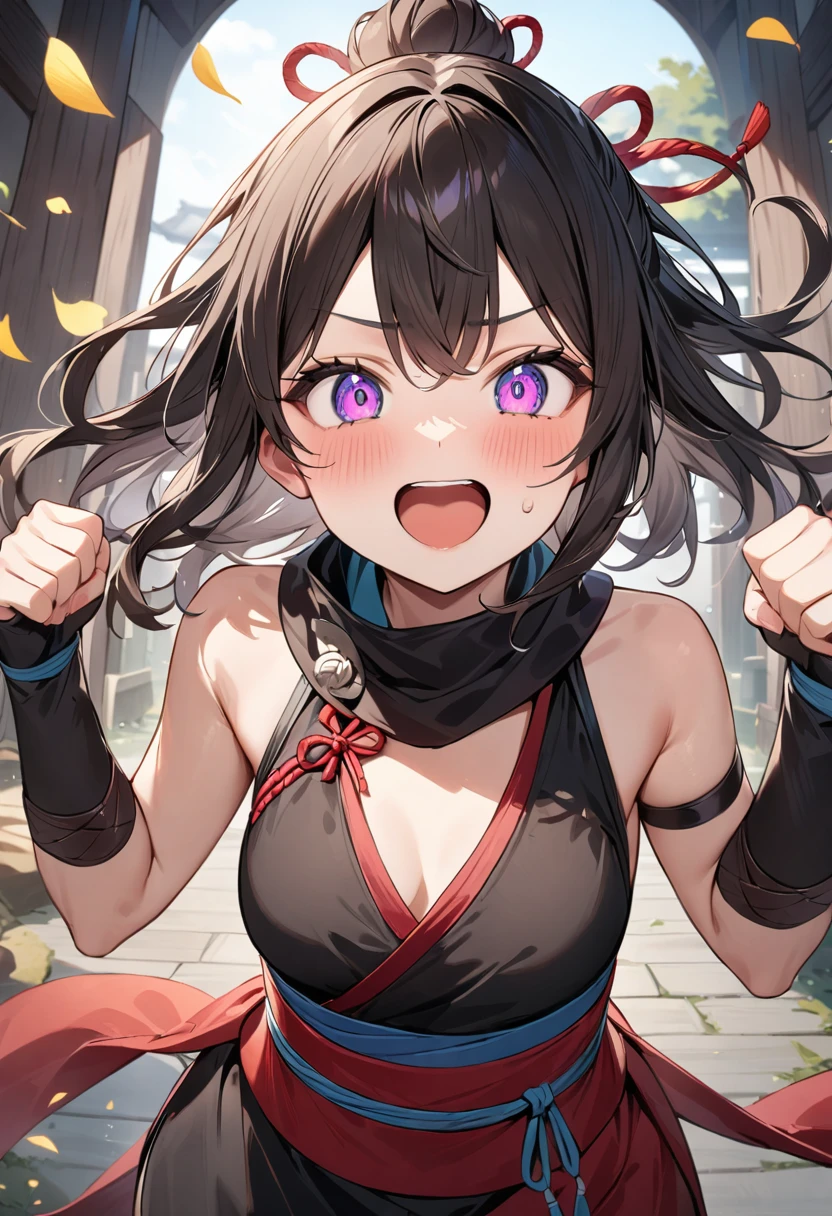 (masterpiece, top quality, very aesthetic, 4k、illustration), intricate detail, 1girl,Standing 、(upper body)、excitement face、(),Cute 、Random Hair Color、,middle hair,sidelock ,Random Color　eyes、ninja clothes、small breasts、Slim 、