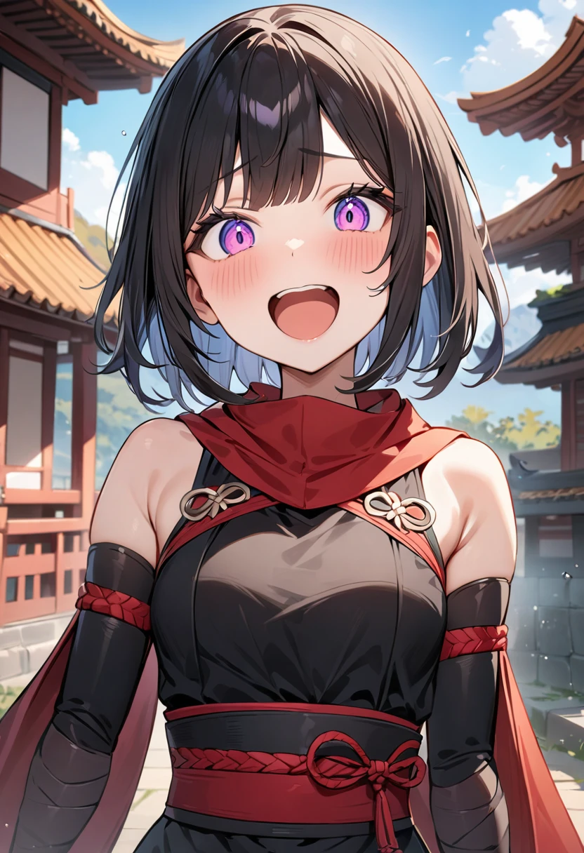 (masterpiece, top quality, very aesthetic, 4k、illustration), intricate detail, 1girl,Standing 、(upper body)、excitement face、(),Cute 、Random Hair Color、,middle hair,sidelock ,Random Color　eyes、ninja clothes、small breasts、Slim 、