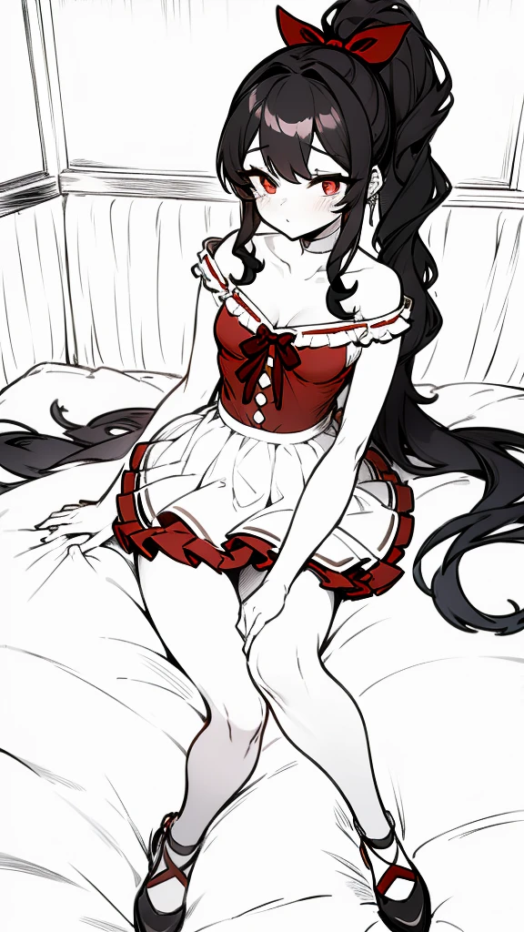 using pantimedies, wavy black hair, piercing look with deep red eyes, average stature, Silky hair with a ponytail hairstyle collected with a red bow with two white lines, with clothes, has a vagina, has breasts, cup of breasts, small breasts, slim, foreground, Session, sitting in her room, sitting on the floor of her room, wearing pantyhose, using pantimedies, Picardias, short skirt, shoes, blouse with straps 