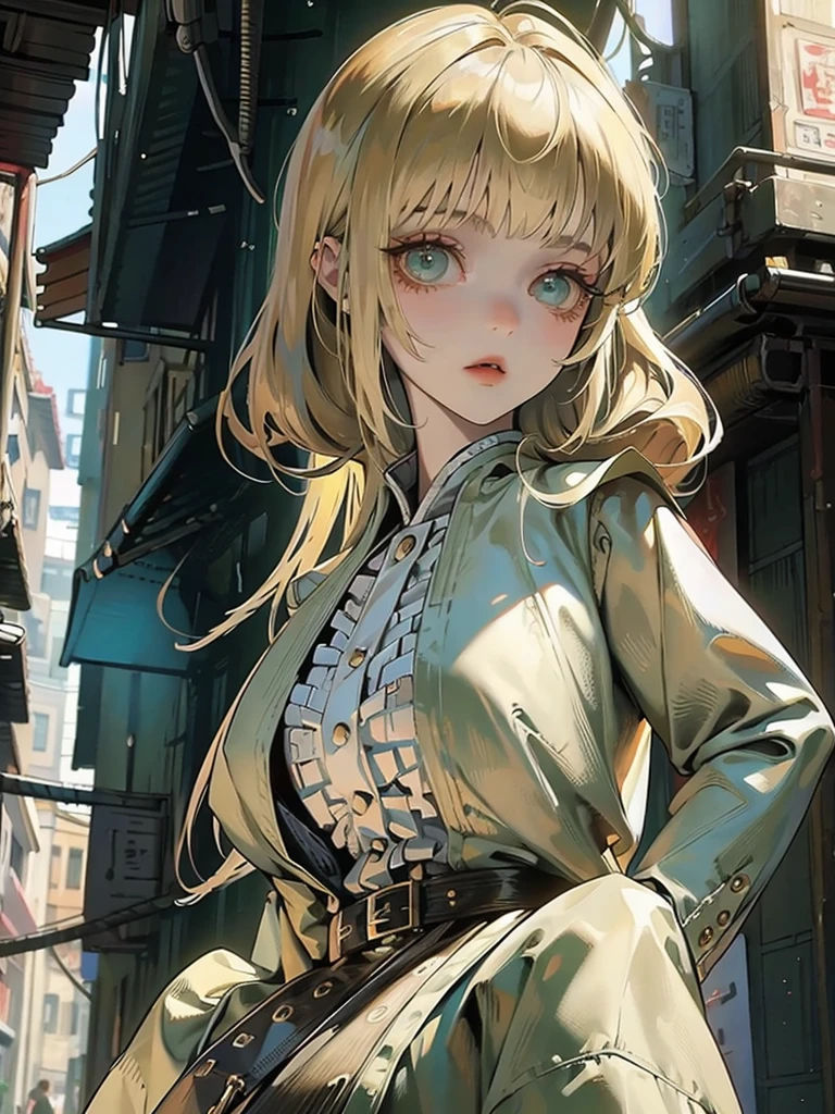 Masterpiece, best quality, high quality, ultra detailed, cowboy shot, 1girl, blunt bangs, hime cut, blond hair, green eyes, looking at viewer, creative background