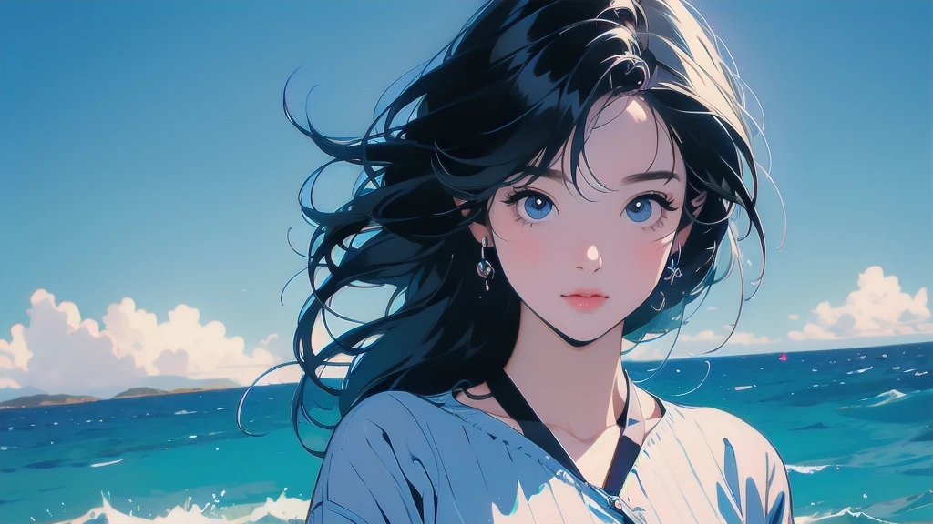 blue sea background, blue sky background, 1 girl