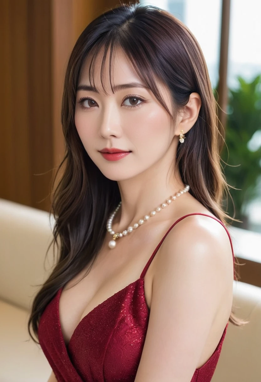 Age 40, Beautiful middle-aged woman, Japanese married woman, Thick lips, Kind eyes, 最high quality, 8k, Sharp focus, high quality, High resolution, perfect anatomy:1.5, standing, (full body, from front:1.5), Ideal body type, Large and firm buttocks, red long party dress, Beautiful Skin, very long brown hair, side ponytail, pearl necklace, gold earrings, hotel lobby, model pose, 