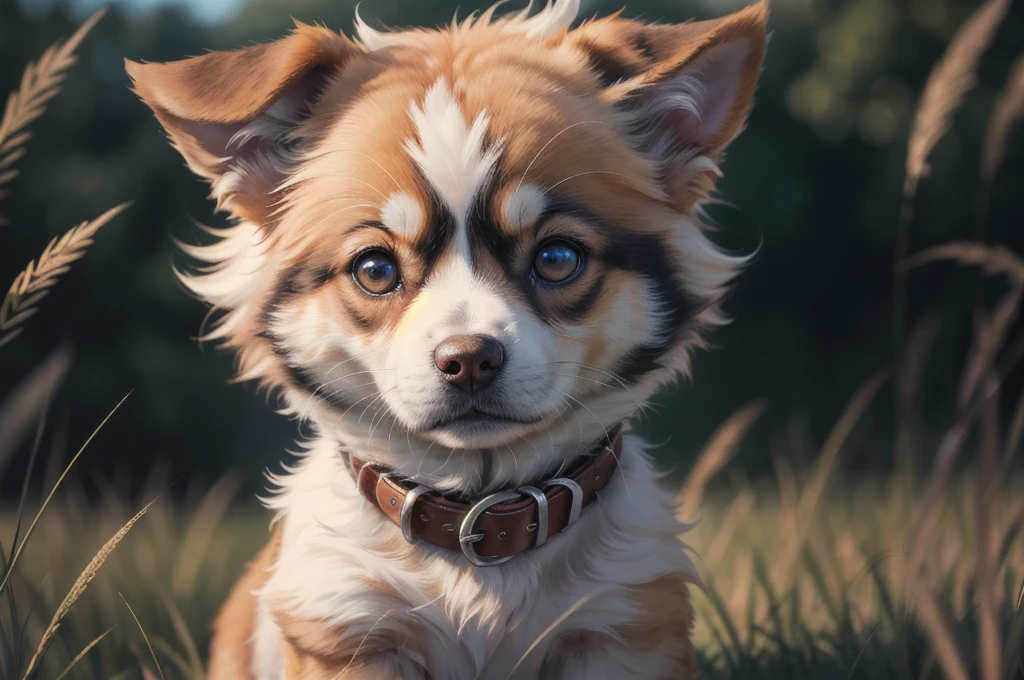 (best quality, masterpiece:1.2), photorealistic, ultra high res, front lighting, intricate detail, Exquisite details and textures, , absurdres, cinematic lighting, dynamic angle, cinematic pose, vibrant colors, (beautifully detailed face),
energetic puppy, bushy tail, wispy fur, detailed collar, lying in tall grass,