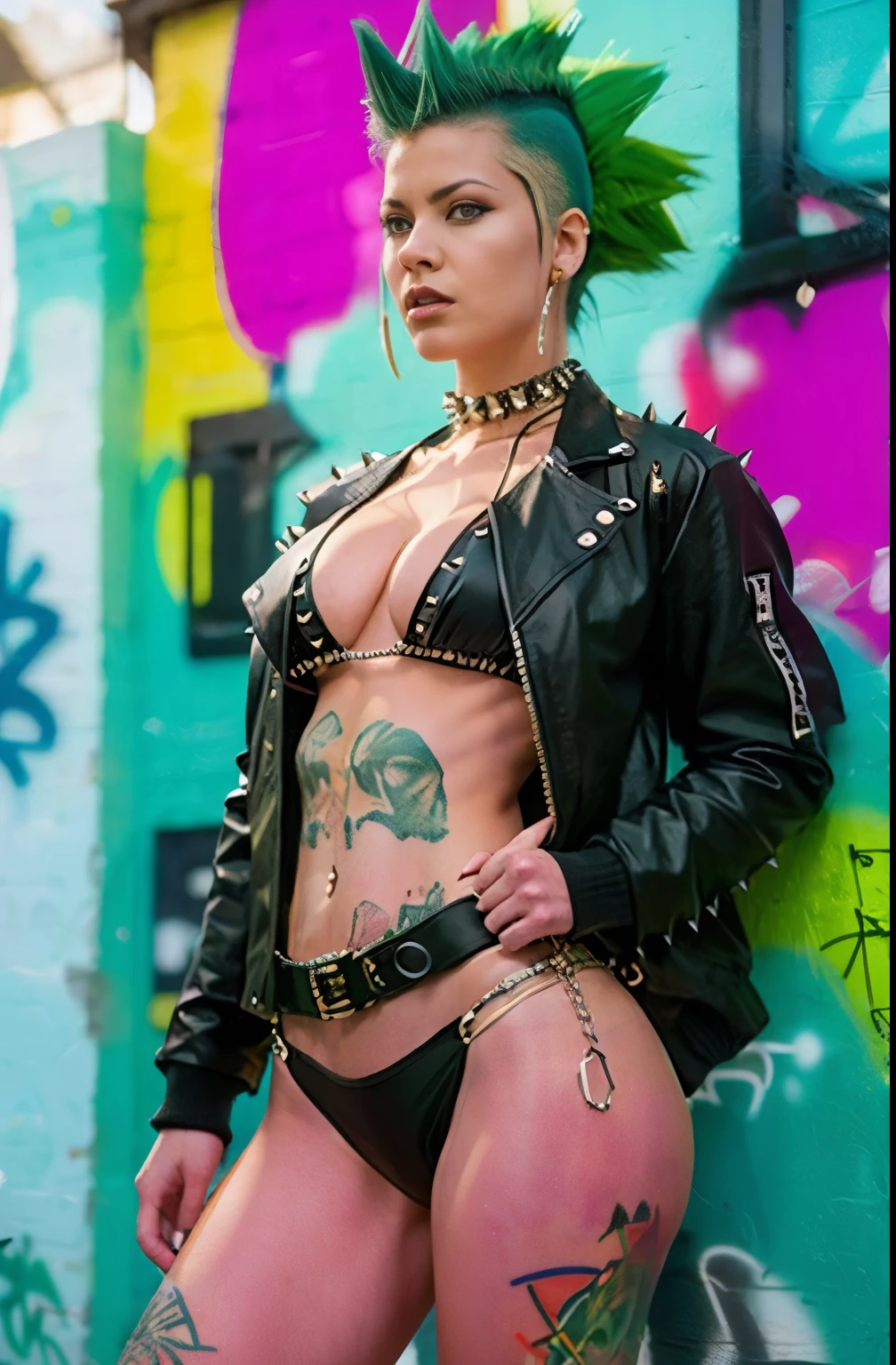 (Artwork, best quality:1.2), 1 girl , ((side viewer)) , intrincately detailed, "Punk Girl", in dynamic pose, ((spiky mohawk hair, green punk hair, angry face, wearing a black jacket, chains, Rocket style, tattooed girl , hot body, abs, bikini boobs) . Shallow depth of field, vignette, highy detailed, high budget, bokeh, cinemascope, temperamental, epic, marvelous, film grain, grainy. ((Abandoned Graffiti Wall Background, cinematic lighting )).