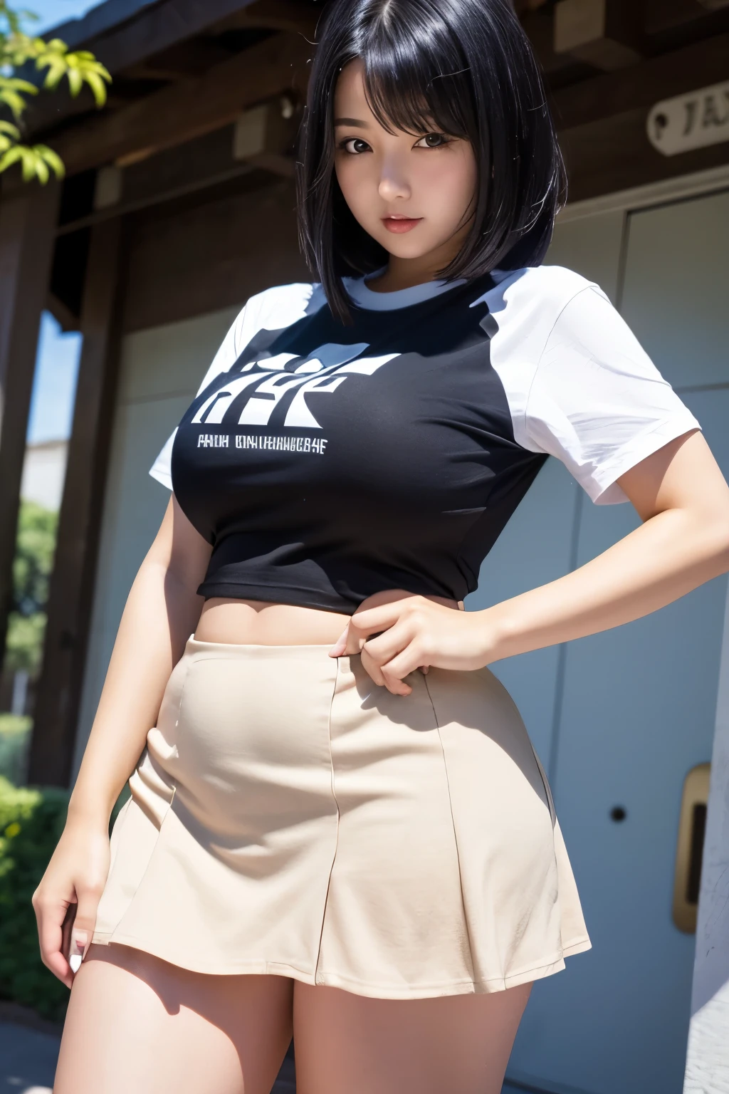 High school girl, T-shirt, mini skirt, black hair, bob, big breasts, big ass, plump, fat, shiny thighs, tall, Japanese, cute, shiny, provocative, lotion, best quality, high resolution, saliva