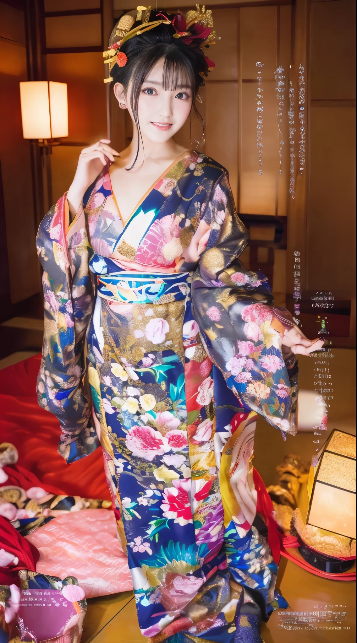 ((masterpiece(:1.4)，Highest quality，Ultra-high resolution，Highest quality，8k，Extremely detailed，In detail))，Japanese，Aika Sawaguchi，Gravure idol，A beautiful woman，Golden Ratio Style，sexy，glamorous，Big Breasts，Oiran，Long-sleeved kimono，Hair tying，hair ornaments，smoke tube，geta，Gorgeous and luxurious，(イメージビデオの撮影で遊郭にてOiranに扮したGravure idolの様子)，Hyper Quality，Realistic，