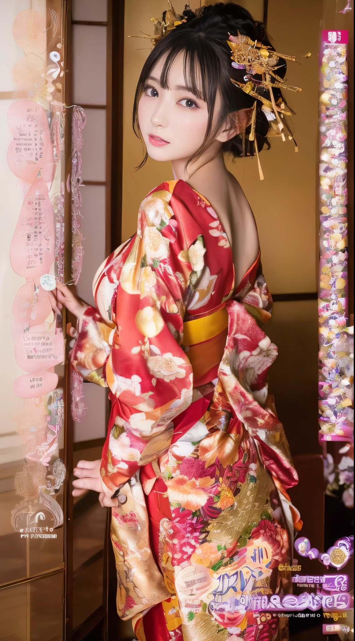 ((masterpiece(:1.4)，Highest quality，Ultra-high resolution，Highest quality，8k，Extremely detailed，In detail))，Japanese，Aika Sawaguchi，Gravure idol，A beautiful woman，Golden Ratio Style，sexy，glamorous，Big Breasts，Oiran，Long-sleeved kimono，Hair tying，hair ornaments，smoke tube，geta，Gorgeous and luxurious，(イメージビデオの撮影で遊郭にてOiranに扮したGravure idolの様子)，Hyper Quality，Realistic，