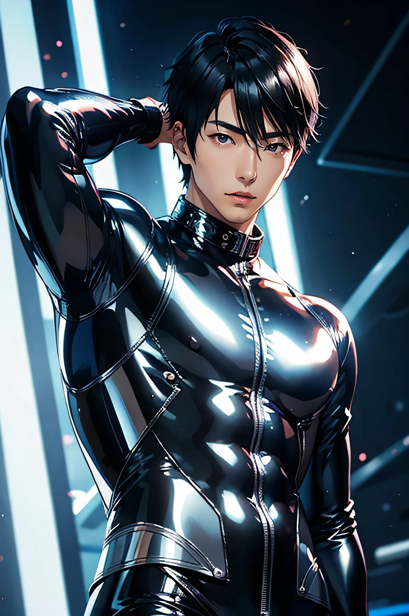 Handsome Japanese male models 22 years old smile Black Hair Short cut Shaved head smile looking at the camera Shiny full-body silver suit Shiny silver latex suit Bulge smile looking at the camera Cross your legs