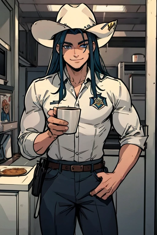 Perfect face. Perfect Hands. A muscular blue haired cowboy with gray eyes with long hair in a sheriff's outfit is drinking coffee in the sheriff's office with a big smile