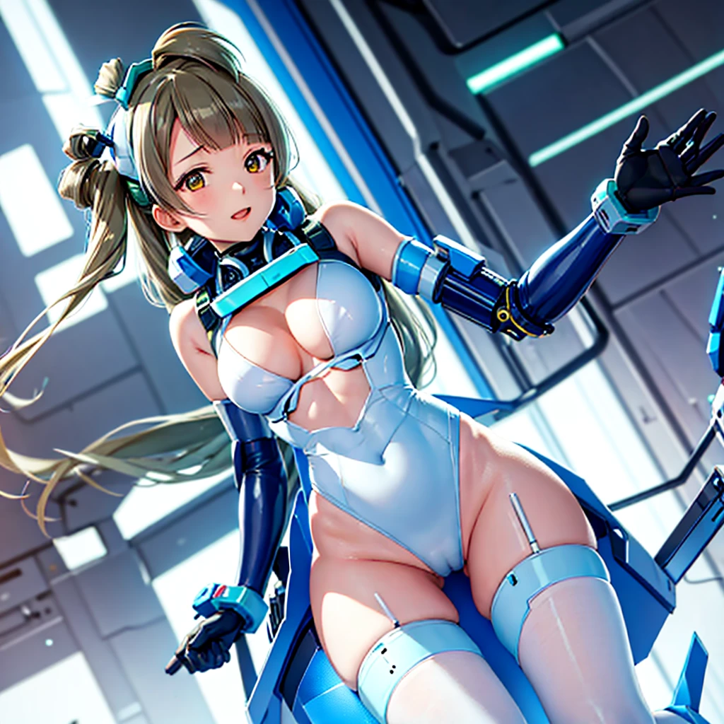 masterpiece, high quality, During the surgery to convert the machine、Minami Kotori, who has been turned into a mechanical body cyborg、Surgery to convert to a gynoid cyborg body with exposed mechanical parts、Blue and white leotard-type mechanical armor、The whole body from the neck down is precision-machined.、Single image、Full-body shot from the front