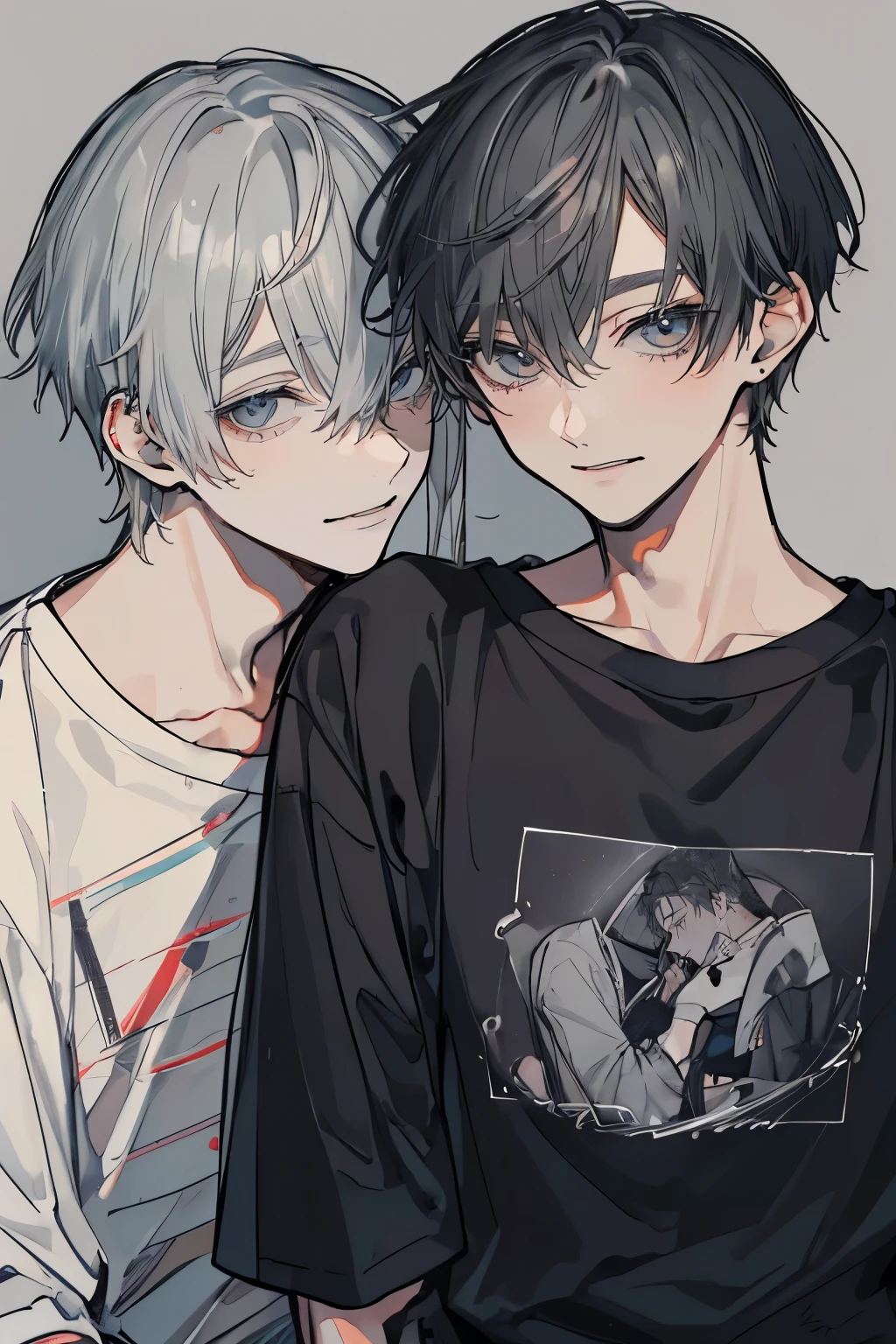 (Mastepiece), (Best Quality), Very detailed, ((Two men intimate:1.5)), Perfect Face, Beautiful Face, Very detailedな顔，(Upper body shot:1.3)，(Black-haired man:1.3)，(Grey-haired man:1.3)、T-Shirts、smile