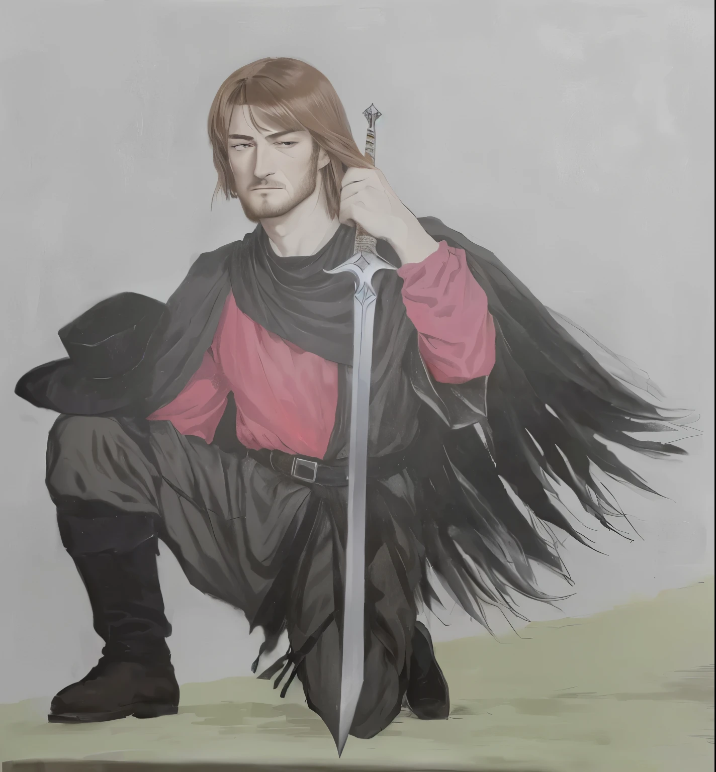 painting of a man with a sword and a red shirt, with a black hat in hand, on his knees, as a medieval fantasy character, inspirado em Robert Walker Macbeth, inspired by Clovis Trouille, painting of a knight, inspired by Ambrosius Holbein, inspirado em Eleanor Fortescue-Brickdale, boromir in an 80\animes world, inspired by Edmund Greacen