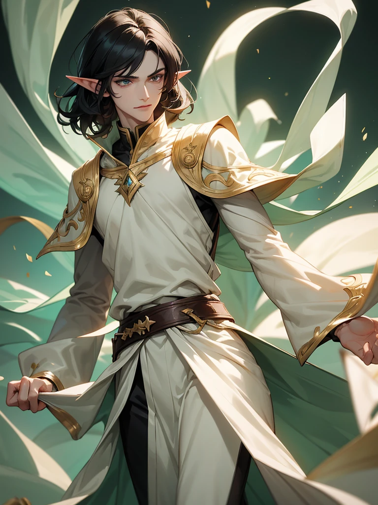 (best quality), 1boy, male, pale skin, black hair, medium hair, curtain hair, tousled hair, green eyes, perfect eyes, dark circles under eyes, tall, slender, handsome, strong jawline, lazy, light smile, attractive, (elf), pointed ears, fantasy clothes, masterpiece, anatomically correct, highres
