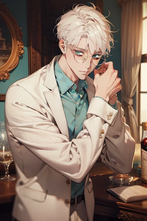 ((Masterpiece, Highest Quality)), Detailed Face, male, white sweater, turquoise eyes, (((Top Quality))), Short hair, Shaved whiskey,Spits, white colored hair, Stylish glasses